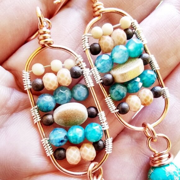 Gorgeous & One-of-a-kind Dangle Earrings! Upscale Boho City Chic! Teal & Cream - Picture 3 of 7